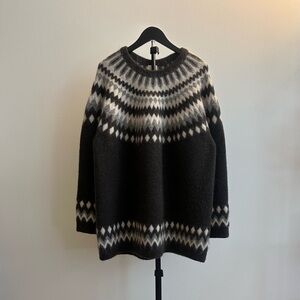 H&M Fair Isle Nordic Wool Mohair Fuzzy Oversized Crew Neck Sweater Brown Size M